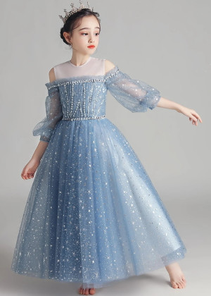 Beaded Blue Star Tulle Dreamy Flower Girl Dress